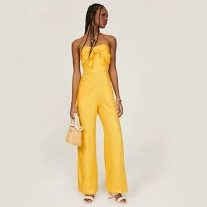 Derek Lam Collective Women's Yellow Wide Leg Jumpsuit Sz 4 Strapless Linen Blend